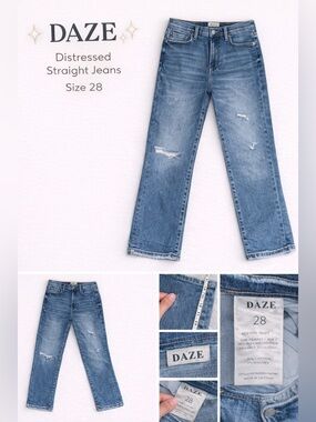 DAZE Denim Distressed Straight Leg Jeans Size 28 High Rise Medium Wash Trendy